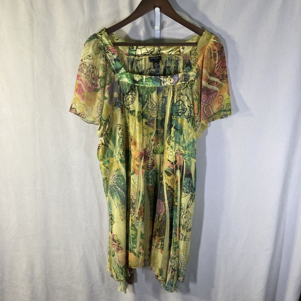 STYLE & CO yellow mutlicolor floral butterfy sublimation semi sheer top